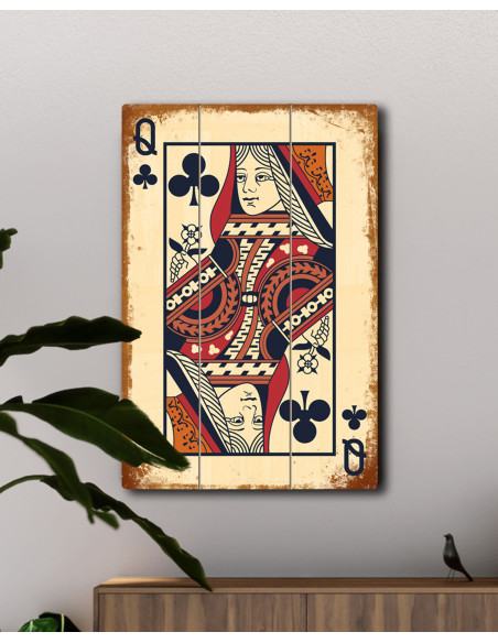 VINOXO Queen of Clubs wooden wall art, flat modern card design