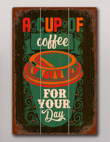 VINOXO Vintage Wooden Framed Coffee Wall Art Decor Plaque - Cup Of Coffee For Your Day - Teal