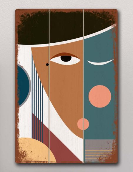 Close-up of the hat and face lines on the geometric abstract wall piece