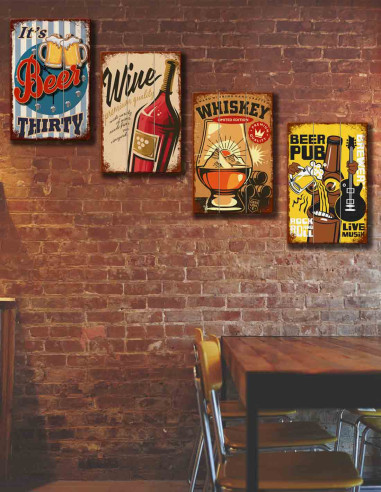 VINOXO Wooden Bar Pub Wall Art Decorations - Set of 4