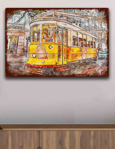 VINOXO Vintage Framed Wall Art Decor Plaque - Tram Ride - Yellow