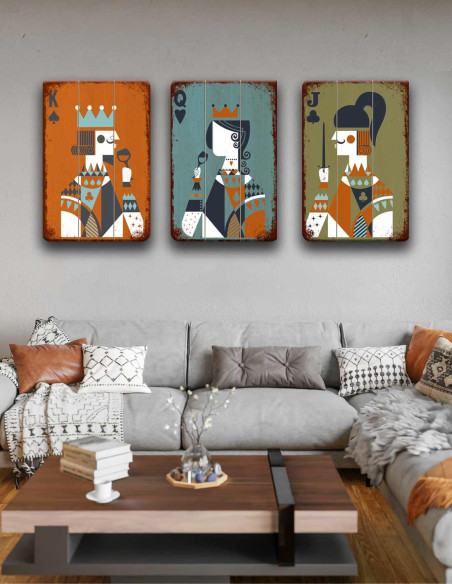 Wooden wall art set of 3 with King Queen Jack card design for home office