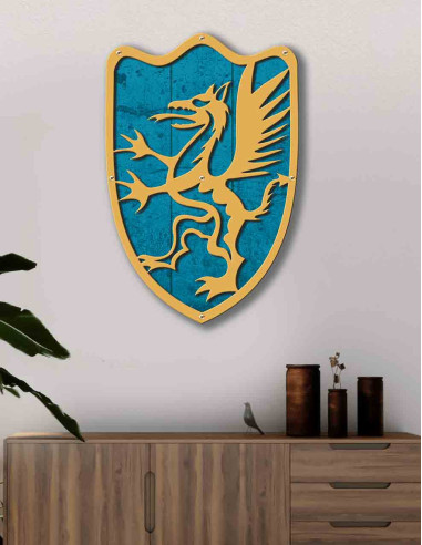 VINOXO Mid Century Modern Shield Wall Art Decor - Antique Blue Golden Dragon